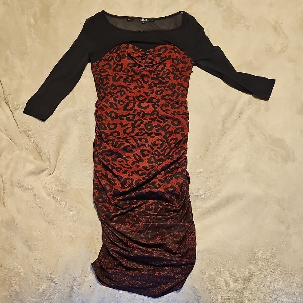 Guess Ruched Red and Black Leopard Print Bodycon Dress